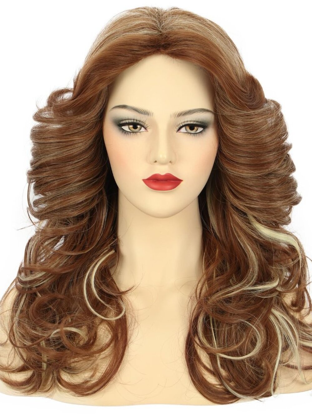 KARLEY Women 70s Feathered Wig Long Brown Wave Disco Wig Singer Highlight Dyed